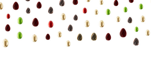 Elegant arrangement of decorative Easter eggs in various colors, perfect for holiday greetings and seasonal designs. © vegefox.com