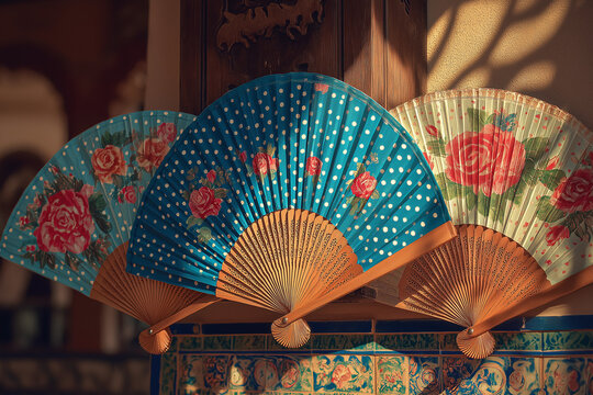 Flat lay arrangement of traditional flamenco fans in a radial pattern, vibrant mix of patterns and textures, decorative ceramic tiles inspired by Andalusia beneath