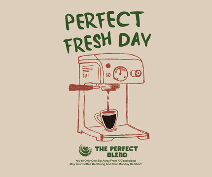 Coffee maker vintage t shirt print design. Coffee club artwork for apparel, sticker, batch, background, poster and others.