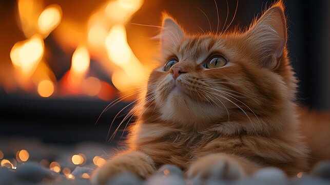 Ginger cat by fireplace gazing at flames
