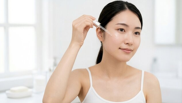スポイトで美容液（セラム）を肌に塗りながら微笑む、若い日本人女性