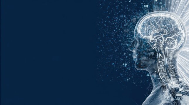 A side profile of a human head shows a translucent brain and radiating energy