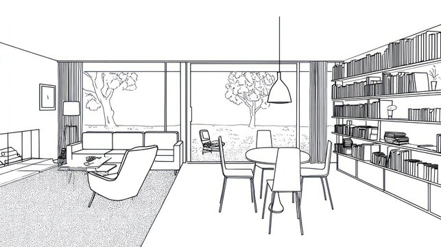 Line drawing of a minimalist modern living room with large windows and a view