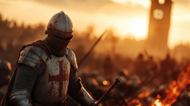 A battle-worn knight clad in armor stands resolutely against a dramatic sunset backdrop, representing courage, valor, and the timeless struggle between good and evil.