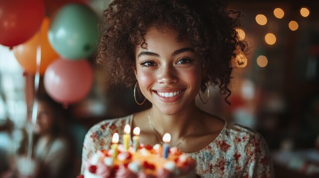 A joyful girl holds her birthday cake surrounded by festive decorations, candles, and cheerful expressions, capturing the essence of celebration and happiness in her smile.