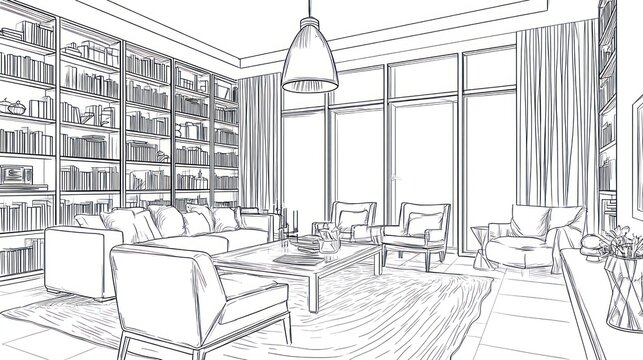 Line drawing of a modern living room with large bookshelves, sofa, chairs, and windows