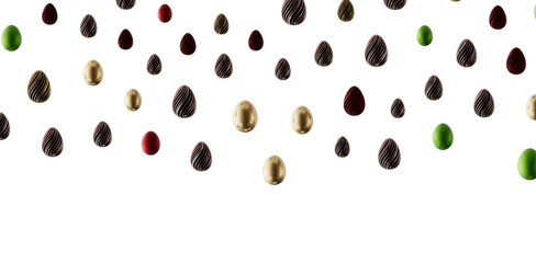 Colorful Easter eggs arrangement on white background, perfect for holiday greetings, decorations, and designs. Featuring © vegefox.com