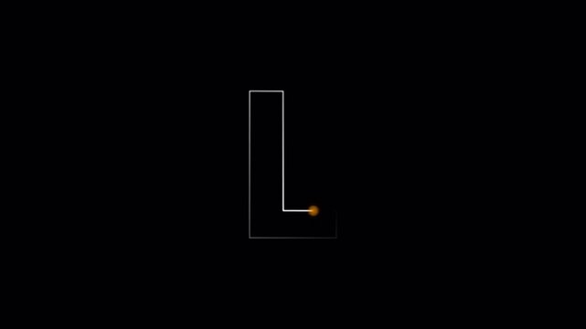 Alphabet animation of letter 'L' with glowing light path on black background , Letter concept. Modern glowing letter L in 4K animation with alpha channel