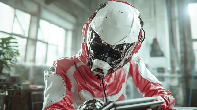 In this striking image, a cyborg character dressed in a sleek futuristic outfit is seated thoughtfully, representing the intersection of technology and human emotion in modern society.