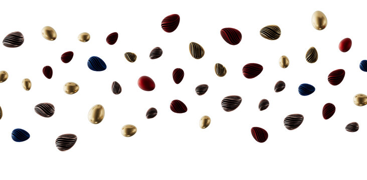 Artistic background with abstract floating eggs in gold, red, blue, and black. Perfect for Easter, decoration, and desig
