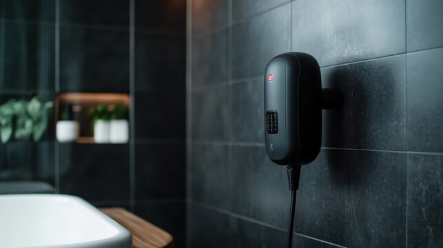 A modern electric shower showcased on a black tiled bathroom wall, emphasizing its contemporary features and minimalist design, suitable for upscale bathroom decor.