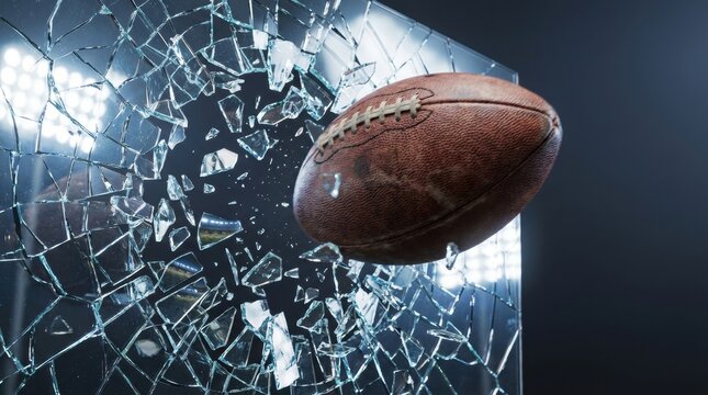 Dynamic football crashing through shattered glass with dramatic lighting and sharp fragments flying in high action sports scene capturing energy and intensity with detailed texture and motion