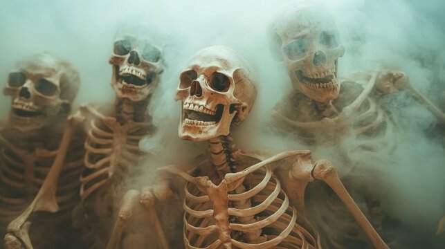 A group of smiling skeletons emerges from a foggy haze, evoking a blend of humor and eeriness, capturing the viewer's imagination and illustrating themes of mortality and life.