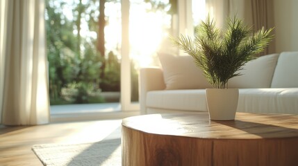 Fototapeta premium A serene living room bathed in sunlight with a cozy sofa and a potted plant, showcasing comfort and a connection to nature in a stylish and modern interior design.
