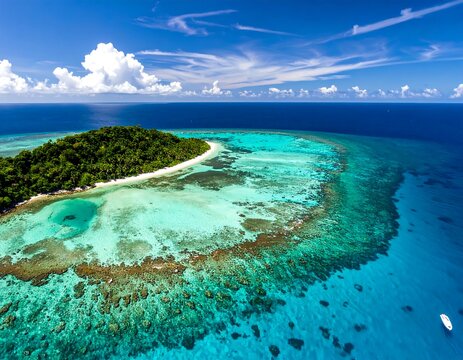 Tropical island fringed by a coral reef, bright blue water, & scattered white clouds