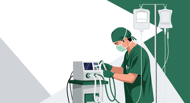Surgeon in Operating Room Adjusting Medical Equipment with IV Drip