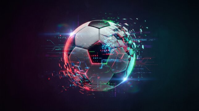 Futuristic soccer ball dissolving into digital data particles with vibrant red and cyan glitch effects on dark background for sports technology concepts and dynamic athletic motion graphics design