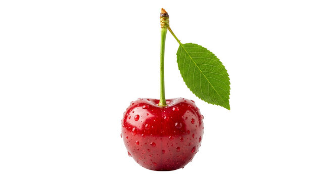 Fresh red cherry with green leaf isolated on transparent background