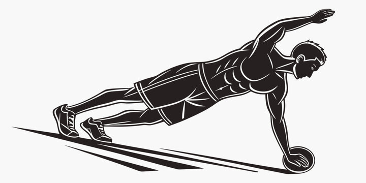 Silhouette illustration of a muscular man performing a one-arm plank exercise on a weight plate or balance ball for core strength and bodyweight training on a white background with silhouette