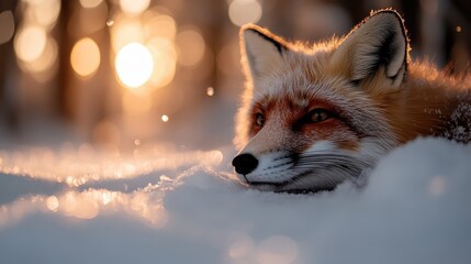Obraz premium A serene portrait of a fox resting in the snow as the golden hour sunlight creates a magical atmosphere, highlighting its elegant features and warm fur, evoking tranquility.