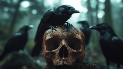 Obraz premium A chilling scene of crows perched on a skull surrounded by an eerie mist in a dark forest, representing themes of mortality and the unknown, with a hauntingly captivating atmosphere.