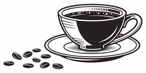 Black and white coffee cup with saucer and coffee beans illustration beverage caffeine espresso illustration monochrome breakfast isolated refreshment stimulant minimalist commodity