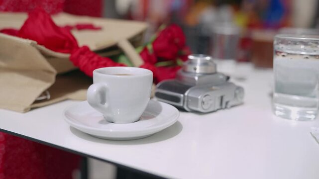 Romantic Paris Cafe Table: Coffee, Camera & Couple Moment