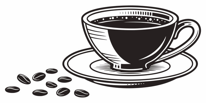 Black and white coffee cup with saucer and coffee beans illustration beverage caffeine espresso illustration monochrome breakfast isolated refreshment stimulant minimalist commodity