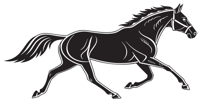 Graphic illustration of a black horse with bridle running galloping silhouette stallion equestrian strength movement isolated blackandwhite majestic spirited creature thoroughbred