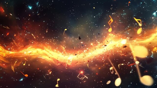 Abstract cosmic artwork with musical notes and luminous energy streams