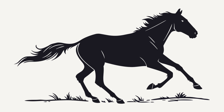 Minimalist black and white vector silhouette of a horse running across grass with galloping silhouette stallion powerful movement graceful equestrian minimalist contrast illustration