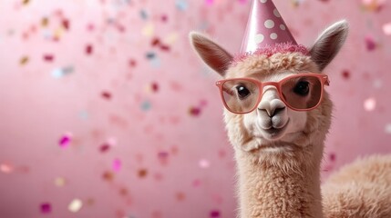 Fototapeta premium An adorable alpaca wearing oversized sunglasses and a festive party hat against a pink confetti backdrop, embodying joy and playfulness perfect for celebrations.