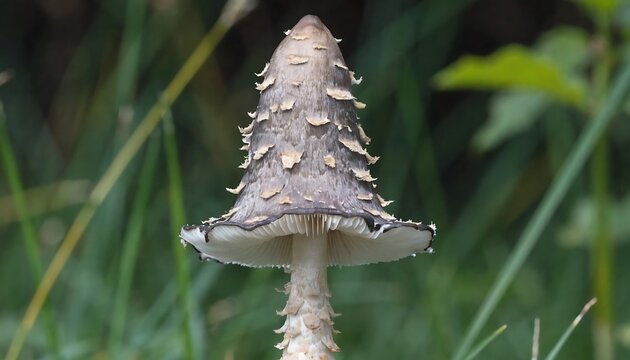 Shaggy ink cap mushroom growing in green grass with coprinus comatus forest floor leaf litter wild plant mushroom woodland foraging environment wildlife close-up undergrowth mycology