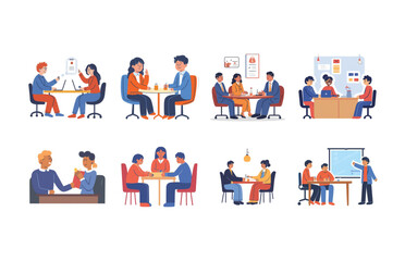 Fototapeta premium Business Team Meeting and Collaboration Flat Vector Illustration Set – Office Workplace Scenes Bundle