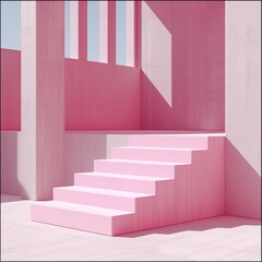 Obraz premium A minimalist pink staircase in a modern architectural setting with natural light