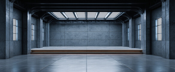 Obraz premium 3D render of modern steel architecture with minimal square geometry and empty metal floor