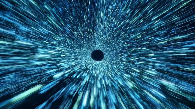 Warping black hole with swirling blue galaxy accretion disk and light trails, plunging into cosmic vortex, symbolizing space exploration, physics, and the unknown