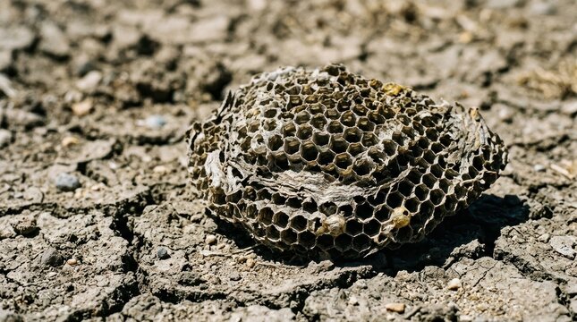 Fragment Of A Dried Hornet Nest On Cracked Earth Under The Stark Midday Sun.