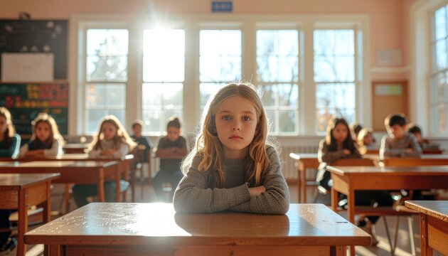 Young girl sits at a desk in a sunlit classroom, looking directly at the camera with other students blurred in the background.