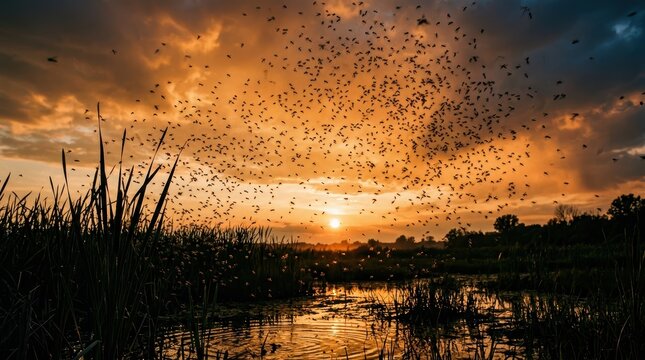 Chaotic Mosquito Swarm Silhouettes Against A Hazy Orange Sunset Sky Over A Wetland