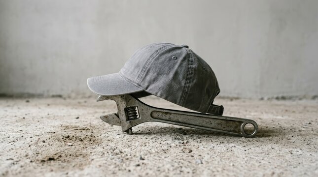 Raccoon Baseball Cap Sitting On A Wrench Against A Concrete Surface, Outdoors.