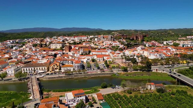 Aerial View on Silves in Algarve Portugal, flying sideways from left to right