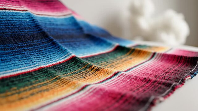 colorful Mexican serape blanket stripes swaying in a gentle breeze. Traditional textile background and festive fabric texture for Cinco de Mayo celebration. 