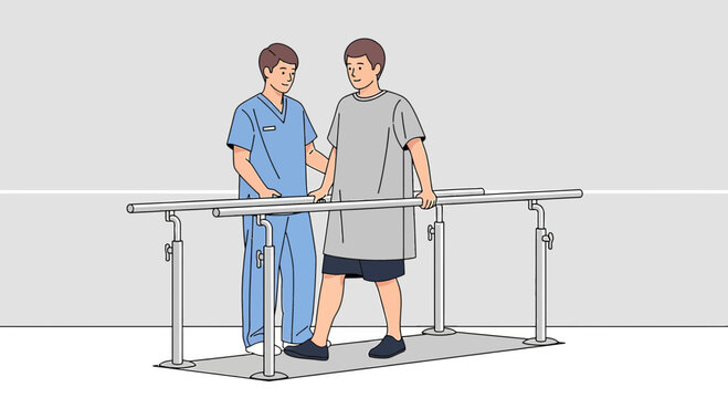 Physical Therapy Patient Walking with Assistance in Parallel Bars