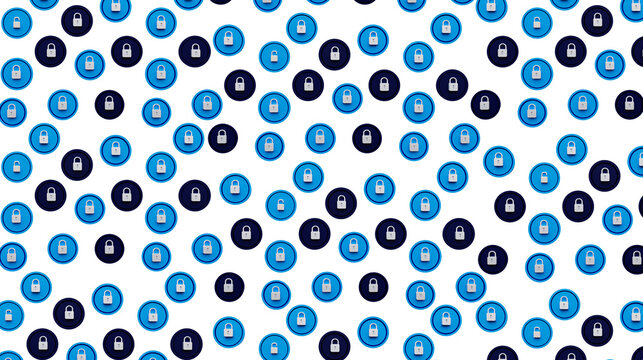 Cybersecurity Blue and Navy Padlock Icons Scattered Pattern on White Background &mdash; 3D Render of White Lock Symbols on Blue Circles for Cyber Security, Data Protection, Network Safety and Internet 
