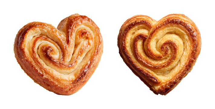Heart shaped puff pastry palmiers cookies, buttery flaky sweet dessert PNG set isolated on transparent background