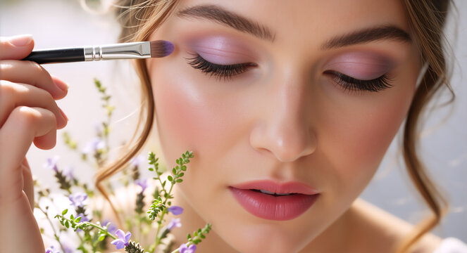 Young woman applying purple eyeshadow with a makeup brush. Spring and summer seasonal beauty concept with pastel flowers