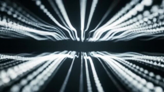 dynamically flowing luminous white lines undulate and flow in parallel across an expansive wide video with a deep black background, enhanced by ethereal glows and a slow dolly forward, showcasing