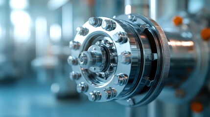 Fototapeta premium This image presents a close-up view of a vibrant chrome mechanical part, showcasing intricate details and reflections that highlight modern engineering and precision.