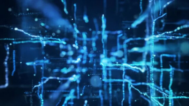 Deep blue-black digital void with glowing data particles and code patterns coalescing into a sharp network of interconnected nodes and pathways. Futuristic CGI, cool tones. Concept of intelligent